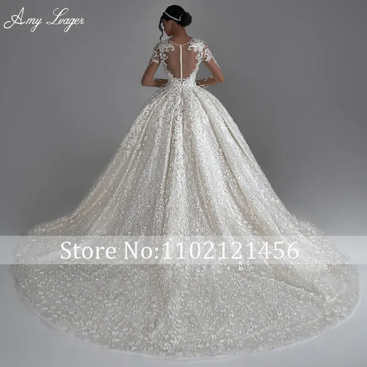 Classic O-Neck Long Sleeve Ball Gown Wedding Dress 2024 Luxury Appliques Lace Detachable Train Princess Bridal Gown