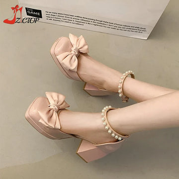 Pink Bowknot High Heels Platform Pumps Women 2024 Summer Fashion Sweet Square Toe Chunky Sandals Party Wedding Shoes Ladies