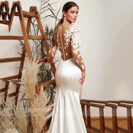 Illusion Backless Mermaid Wedding Dresses Long Sleeve Appliques Bride Gowns Elegant Formal Beach Party 2024 Vestidos De Novia