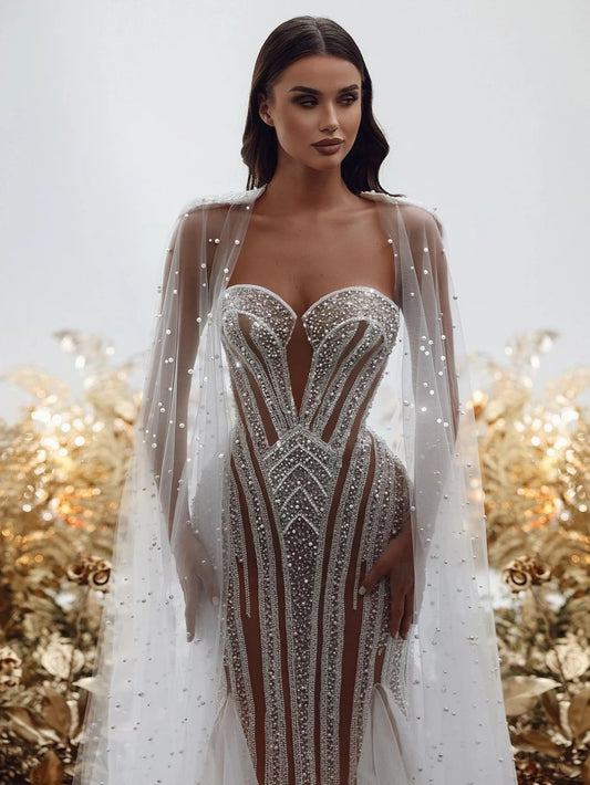 Romantic Sweetheart Neck Bridal Dress Sparkly Sequins Pearls Wedding Gown Luxury Mermaid Long Bride Robe Vestido De Novia