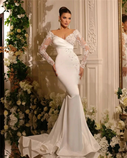 Beautiful  A Line Wedding Dresses Gorgeous Satin Deep V-neck Lace Appliques Slimming Beautiful Mopping Beach Bridal Gown