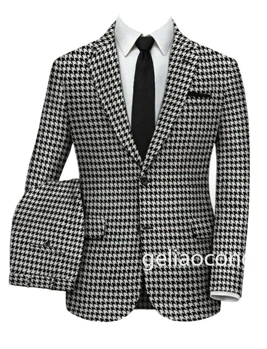 New 2 Piece Men's Plaid Suits Slim Fit Casual Single-Breasted Suit in Black and White Houndstooth Design for Wedding/Business