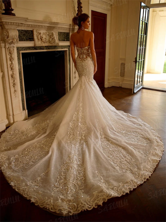 Strapless Silhouette Bride Dresses Sheer Bodice Floral Appliques Bridal Gown Wedding Dress Vestidos De Novia Robe De Mariée