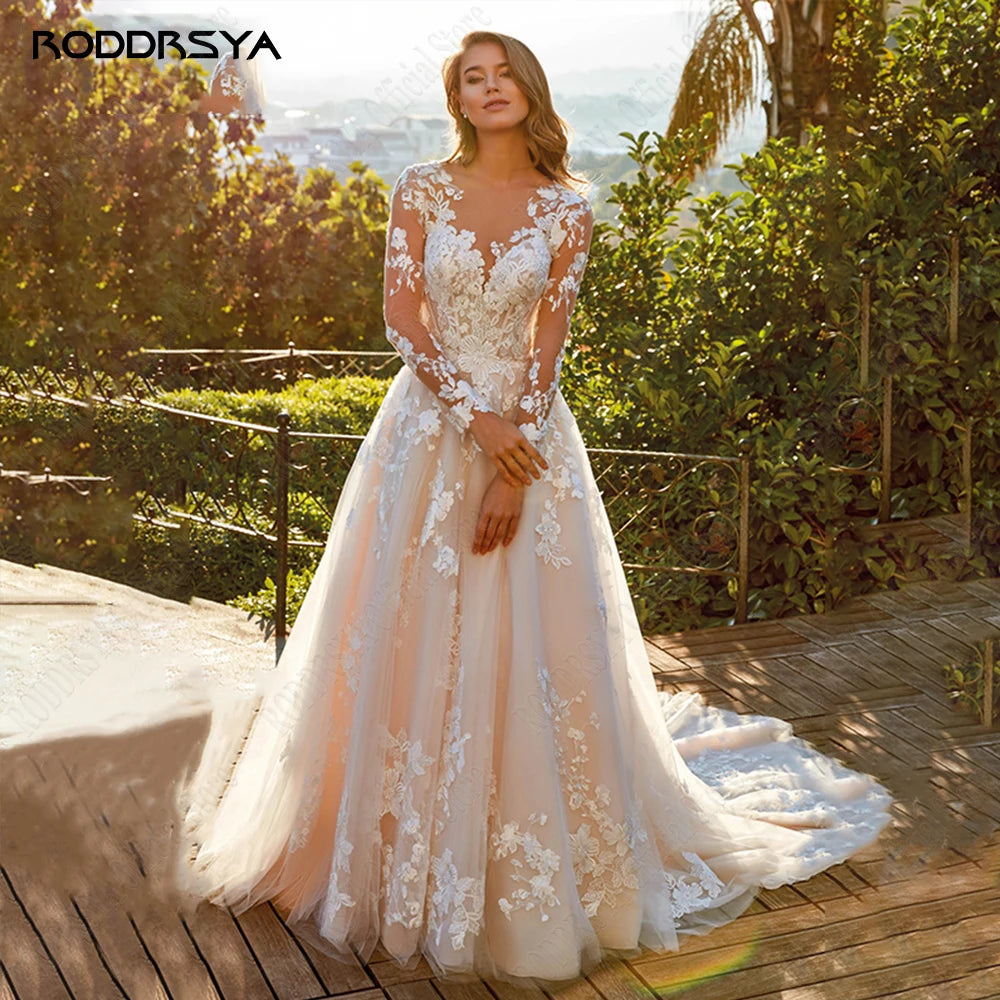 RODDRSYA Elegant Lace A-line Wedding Dress Long Sleeves Bride Gowns Custom Made Applique O-Neck Button Tulle robe de mariée