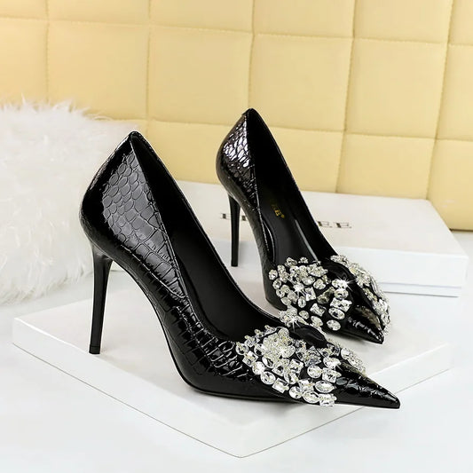 3391-H9 Certified Products Fashion Banquet Slim Ultra High Heels Shallow Mouth Pointed Rhinestone Bow Tie Patent Leather Shoes