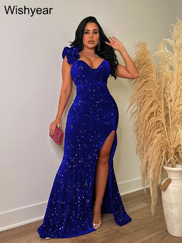 Luxury Birthday for Women One Shoulder Open Back Sequined High Side Split Mermaid Maxi Dress Sexy Club Evening Party Dresses