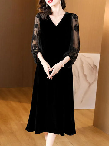 Women Elegant Luxury Party Evening Dress Black Velvet Patchwork Embroidery Sleeve Dress Autumn Winter Vintage Hepburn Dress