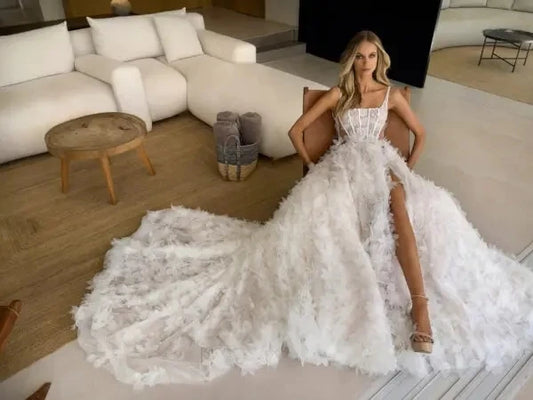 Luxury Bride Dresses For Formal Wedding Wear 3D Flowers Sexy Side Split A-Line Wedding Gown Corset Bone Bridal Dress