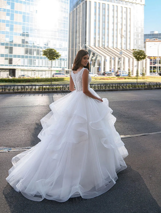 Princess Tulle Wedding Dresses Lace Appliques Puffy Modern Organza Bridal Ball Gowns Button Sweep Train Vestido De Novia