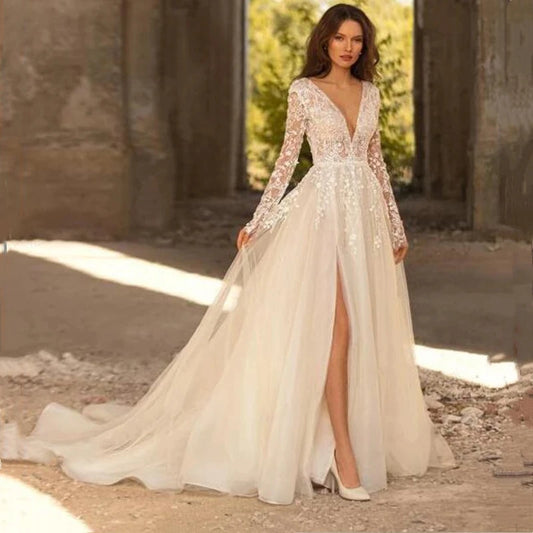 Sexy A-Line Deep V-Neck Wedding Dress Elegant Long Sleeve Lace Appliques Side Split Bridal Gown Backless Train Vestido De Novia