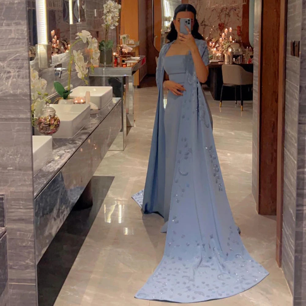 Luxury Beaded Blue Satin Evening Dresses for Women Elegant Wedding Party Long Cape Sleeve Mermaid Arabic Gowns