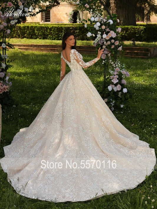 Elegance Square Neck Women Wedding Dresses Beading Lace Floral Prints Full Sleeves A-Line Bridal Gowns