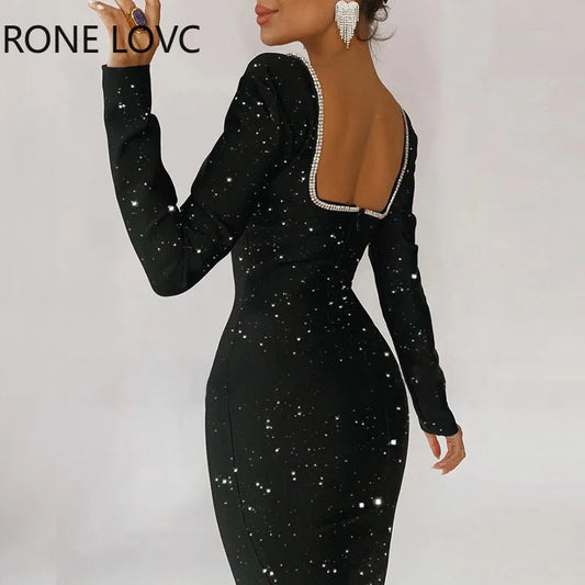 Women Elegant Glitter Deep V Neck Long Sleeves Rhinestone Decoration Midi Formal Black Dresses