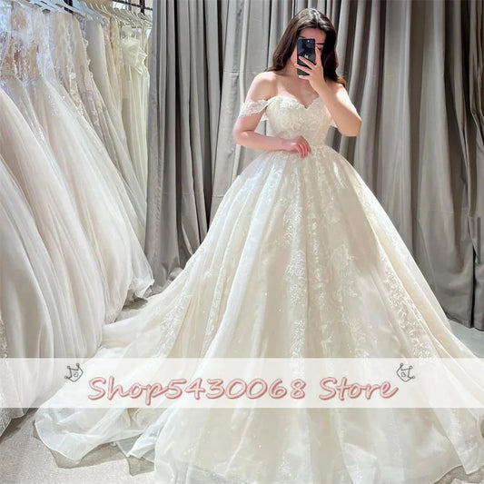 Vintage Glitte Lace Wedding Dresses Sweetheart Appliques Off Shoulder A-Line Bridal Gowns Backless Princess Bride Dress