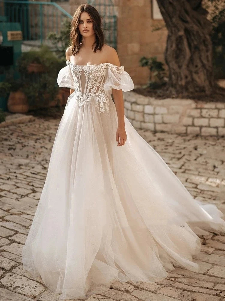 Vintage Simple Wedding Dresses Boat-Neck A-Line Bridal Gowns Lace Appliques Tulle Robes Off The Shoulder Vestidos De Novia 2024