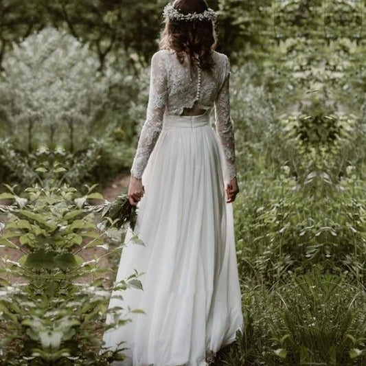 Two Piece Wedding Dress O-Neck Long Sleeves Lace Wedding Gown Bohemian Summer White Bride Dress vestidos de novia