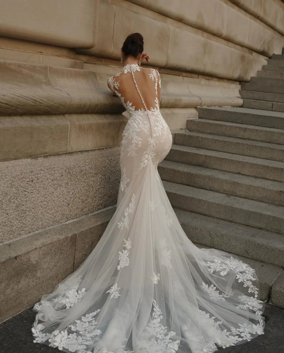High-Neck Mermaid Wedding Dress Elegant Organza With Embroidery Lace Ball Gown Full Sleeve Bride Dress Button Vestido De Novia