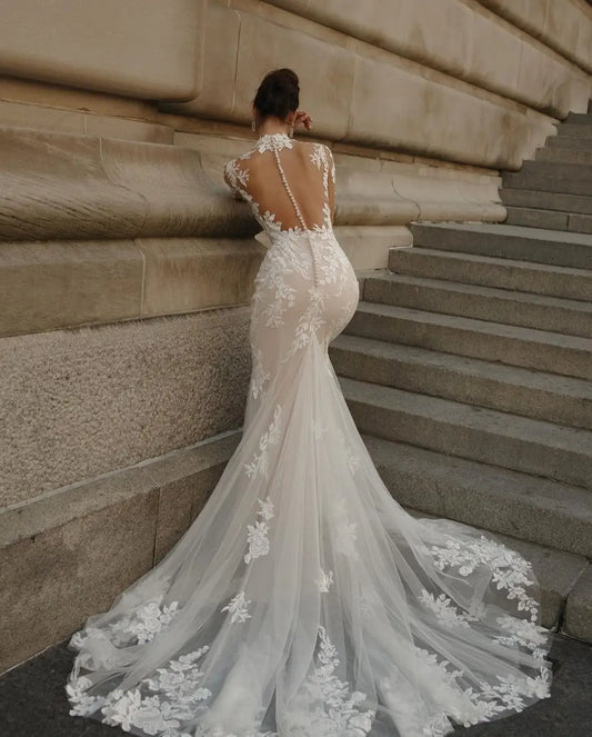 Vestido de noiva de sereia de pescoço alto Organza elegante com bordado vestido de bola de renda de renda de manga cheia botão de noiva vestido de novo