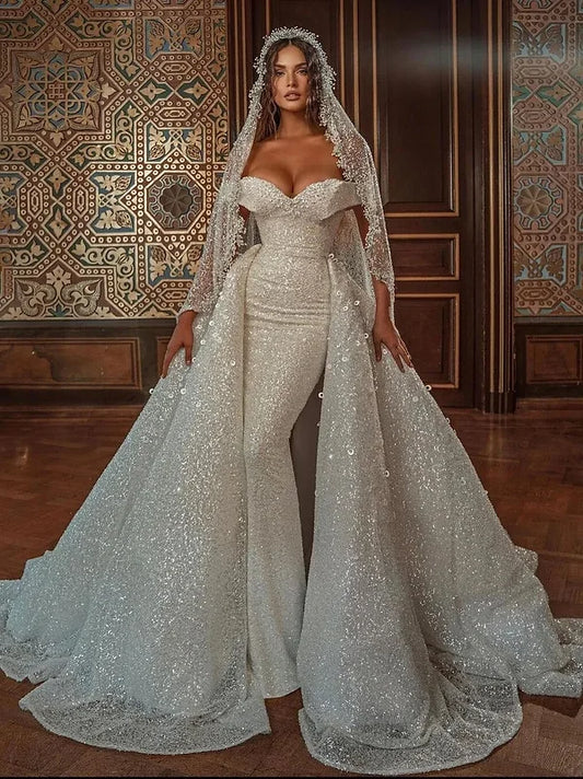 Elegant Sparkling Plus Size Mermaid Wedding Dresses Sequins Floor Length Bridal Gowns Off Shoulder Detachable Wedding Dress