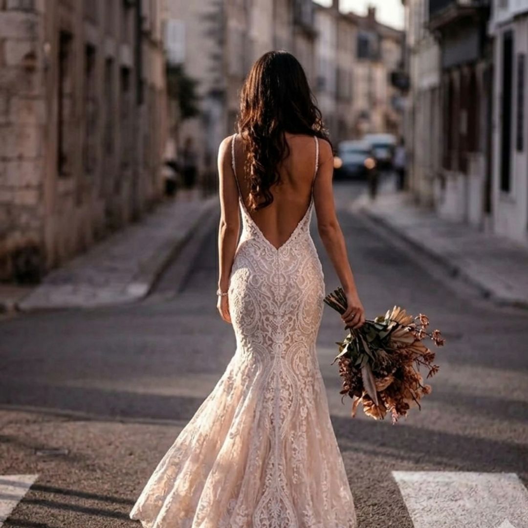 Spaghetti Strap V Neck Wedding Dress Appliques Lace Wedding Gown Mermaid Sexy Bridal Dress Custom Size Charming Bridal Gown