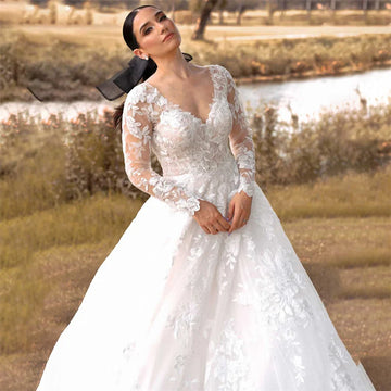 Exquisite Spitze eine Linie Brautkleider für Frauen Braut Kleid Langarm Applikationen Rückenfreie Brautkleider Vestidos de Novia