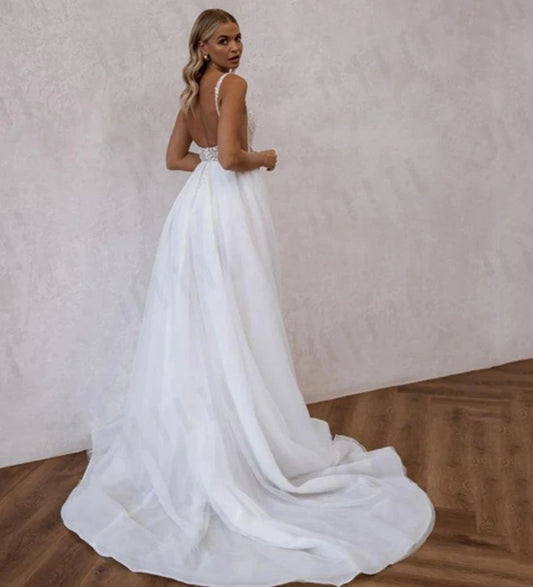 Beach Elegant Wedding Dresses Split Backless Lace Appliques  Bridal Gown Square Neck Boho Spaghetti Straps فستان حفلات ال