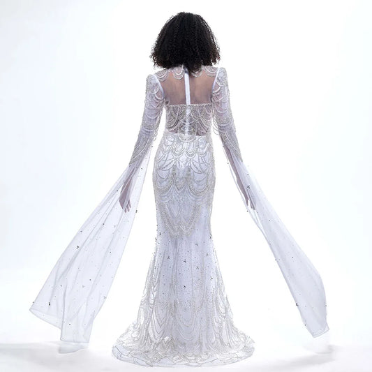 Sexy Diamonds Rhinestones Queen Goddess Evening Prom Dress with Cape Princess Wedding Party Gown sex saudi arabia فستان سهره عرب