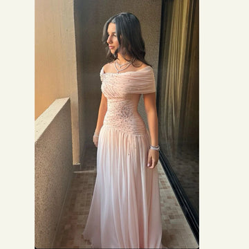 Customized Arabic Formal Prom Dress Off Shoulder Chiffon Beading Pearls Pleated Party Gown Wedding Guest Women Evening Dresses