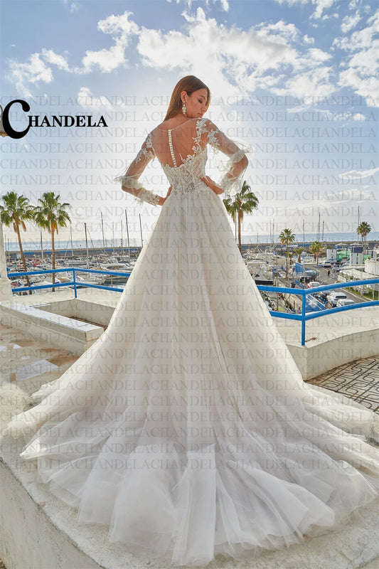 Класичні весільні сукні пухкі рукави з плито-аплікації тюлю для весільного сукню халат де-мая для жінок на замовлення