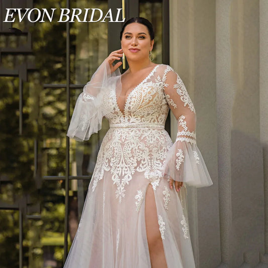 EVON BRIDAL Boho Plus Size Wedding Dress Long Sleeves Illusion Back Applique A-Line Bride Gowns See Through Vestido De Novia