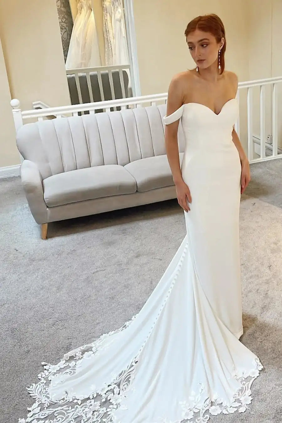 Elegant Mermaid Wedding Dresses Satin Bride Dress Off the Shoulder Beach Wedding Evening Prom Lace Sweep Train Bridal Gown