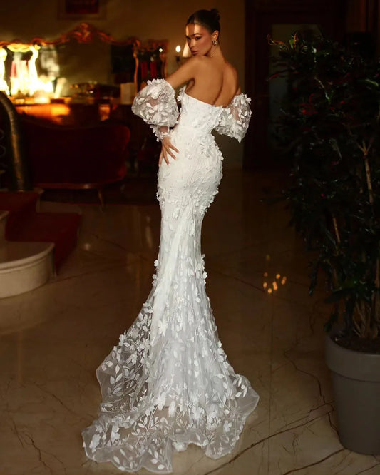 Vestidos de noiva de sereia requintada de flor 3D vestidos de mangas imbuídas sem alças, vestidos de noiva vintage 2024