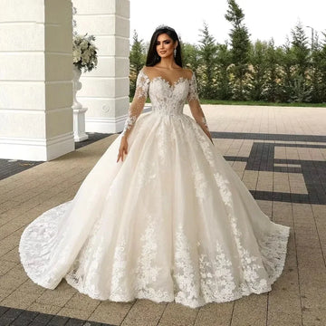 Customized 2025 Illusion Neck Church Wedding Dress Long Sleeve Robe Lace Beading Bride Dress Ball Gown Women Vestidos de novia