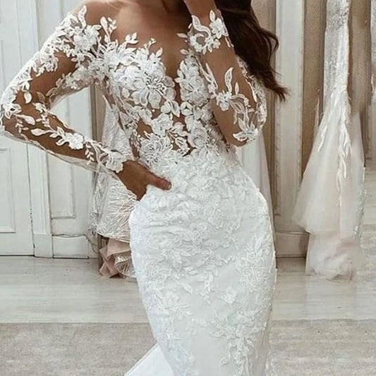 Lace Wedding Dresses V-Neck Sexy Mermaid Bride Gowns Long Sleeves Exquisite Applique Wedding Dress vestidos de novia