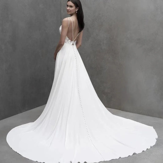 Perfecte sexy v-hals mouwloze trouwjurken Backless Lace Appliques A-lijn bruidsjurken op maat gemaakte zomervestidos de novia