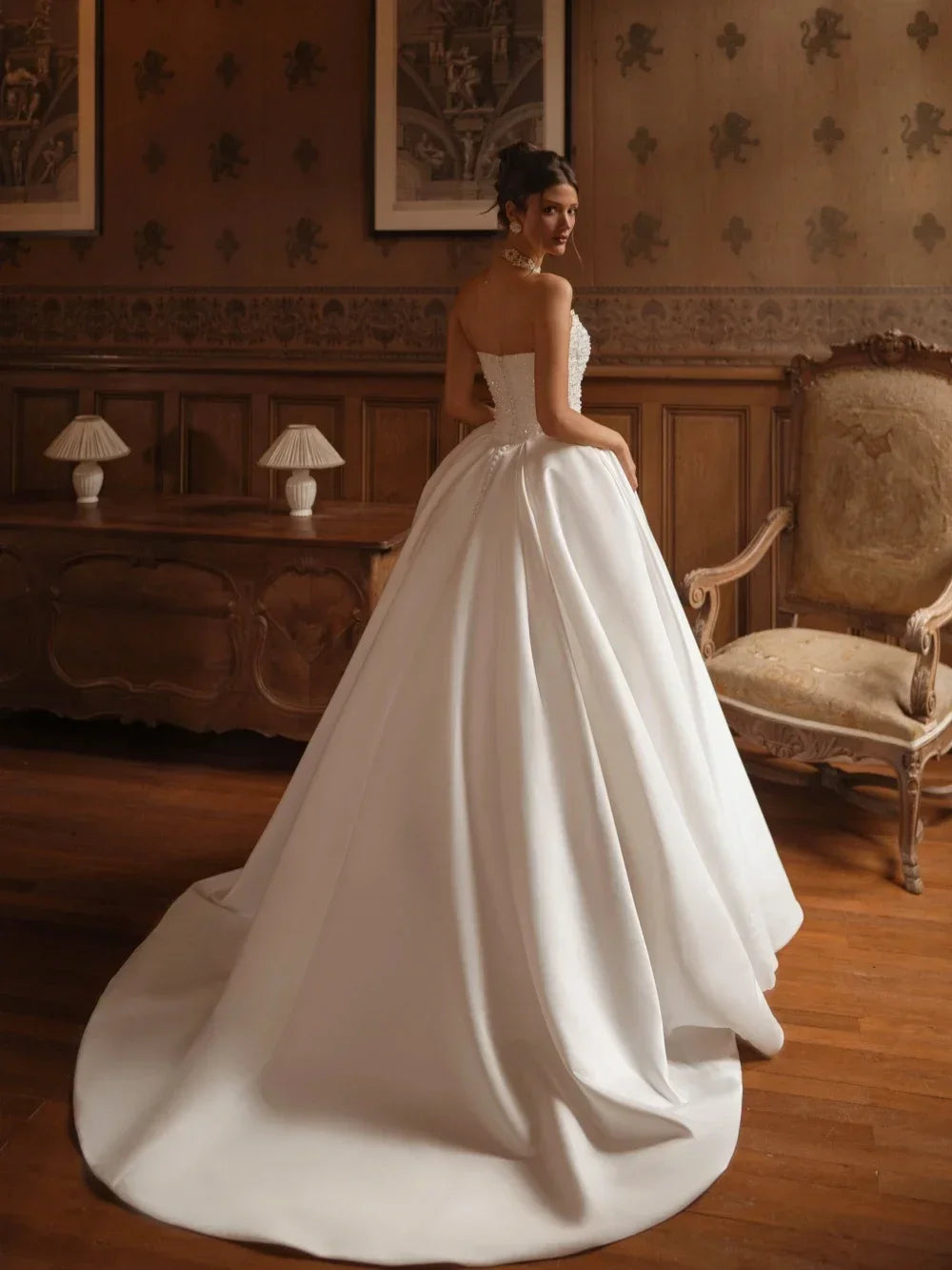 Elegant Pearls Strapless Wedding Dress Delicate Princess Women Bride Dresses Ball Gown Customized Robe vestidos de novia