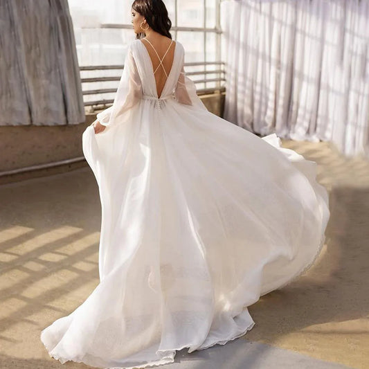 PERFECT Simple O-Neck A-line Wedding Dresses Elegant Long Sleeves Criss-Cross Back Bridal Gowns Organza Custom Made Sweep Train