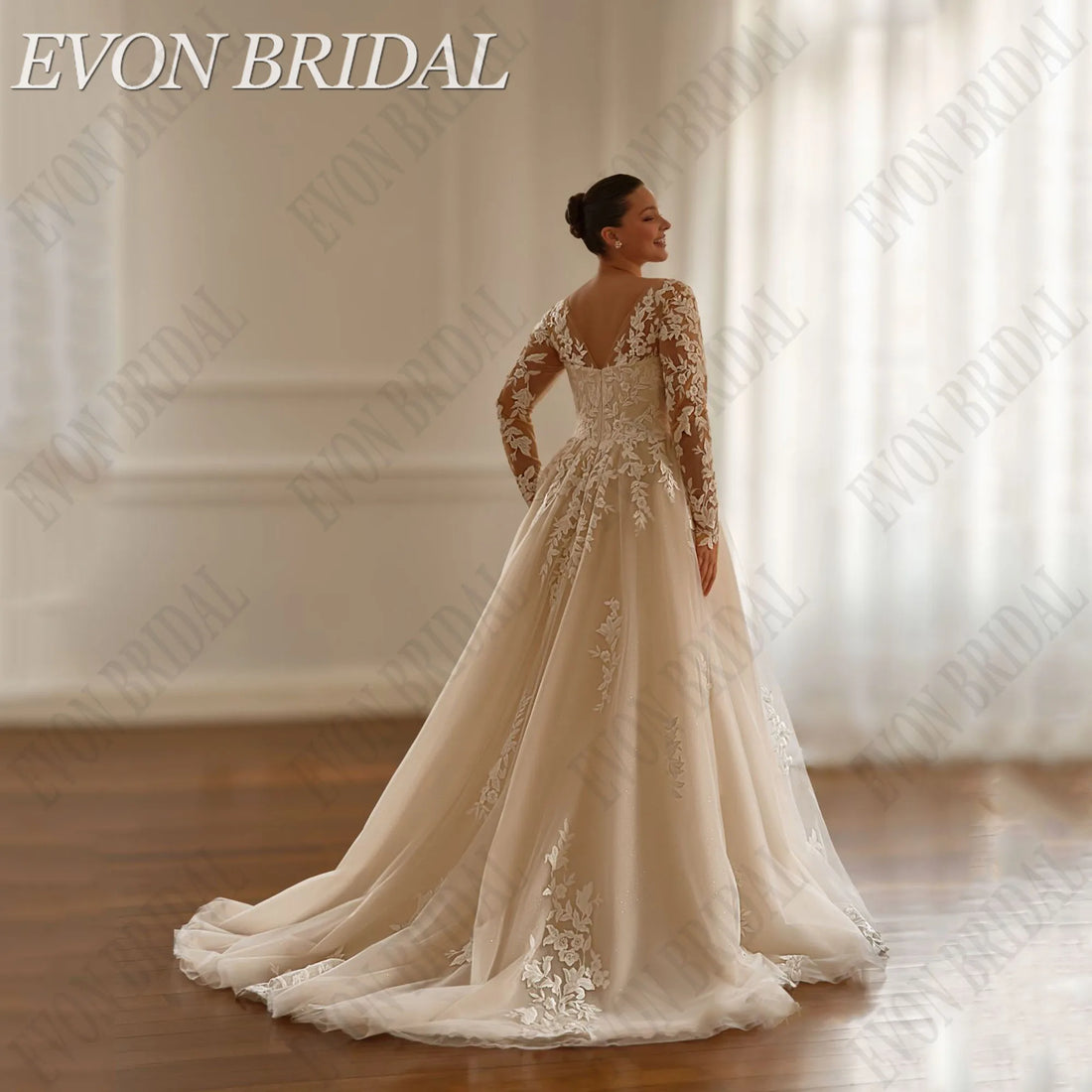 EVON BRIDAL Customized V-Neck Plus Size Wedding Dresses Full Sleeve A-Line Tulle Vestidos De Novia  Applique Long Bride Gowns
