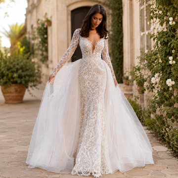 Customized Bride Dress Mermaid Detachable 2 In 1 Wedding Dress Lace  O-Neck Fullsleeve Vestido De Novia