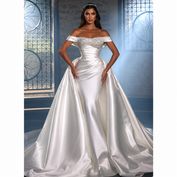 Luxury Mermaid Wedding Dresses Sparkle Beading O Neck Pleat Satin Ball Gowns Detachable Train Formal Bride Beach Party
