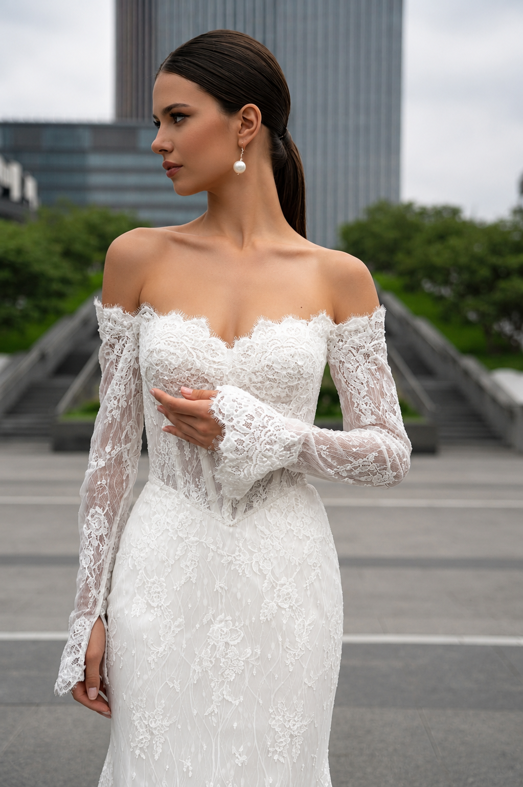 Sweetheart Collar Lace Long Sleeve Boho Wedding Dress Mermaid Backless Long Back Beach Bridal Dress with Train Custom Made