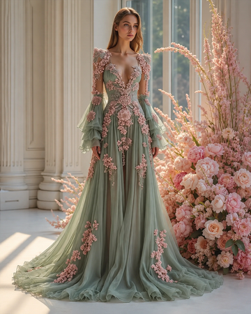 New Arrival Elegant V-neck Evening Dress Chic Flowers Bride Formal Occasions Cocktail Celebrity Stunning Prom Gown