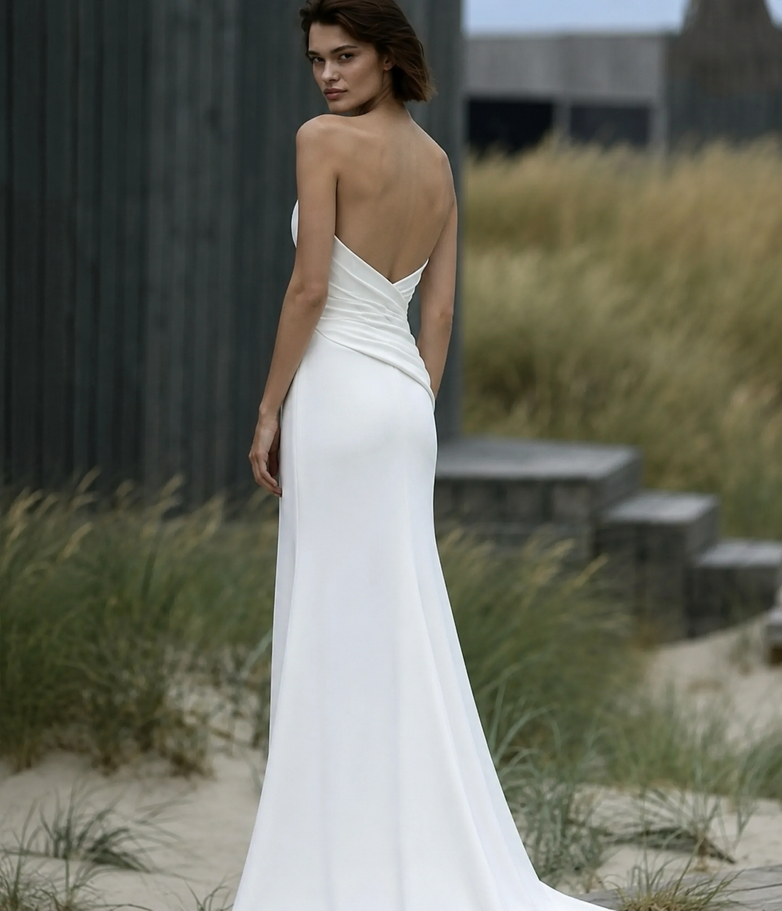 Elegant mermaid strapless pleat sweep train satin bridal gown wedding dress 2026 – Pollyanna Events
