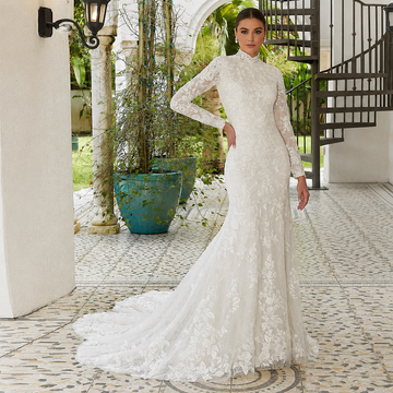 Laboum Elegant High-Neck Wedding Dresses for Women Full Sleeves Fit and Flare Lace Court Train Floor-Length Robe De Marie