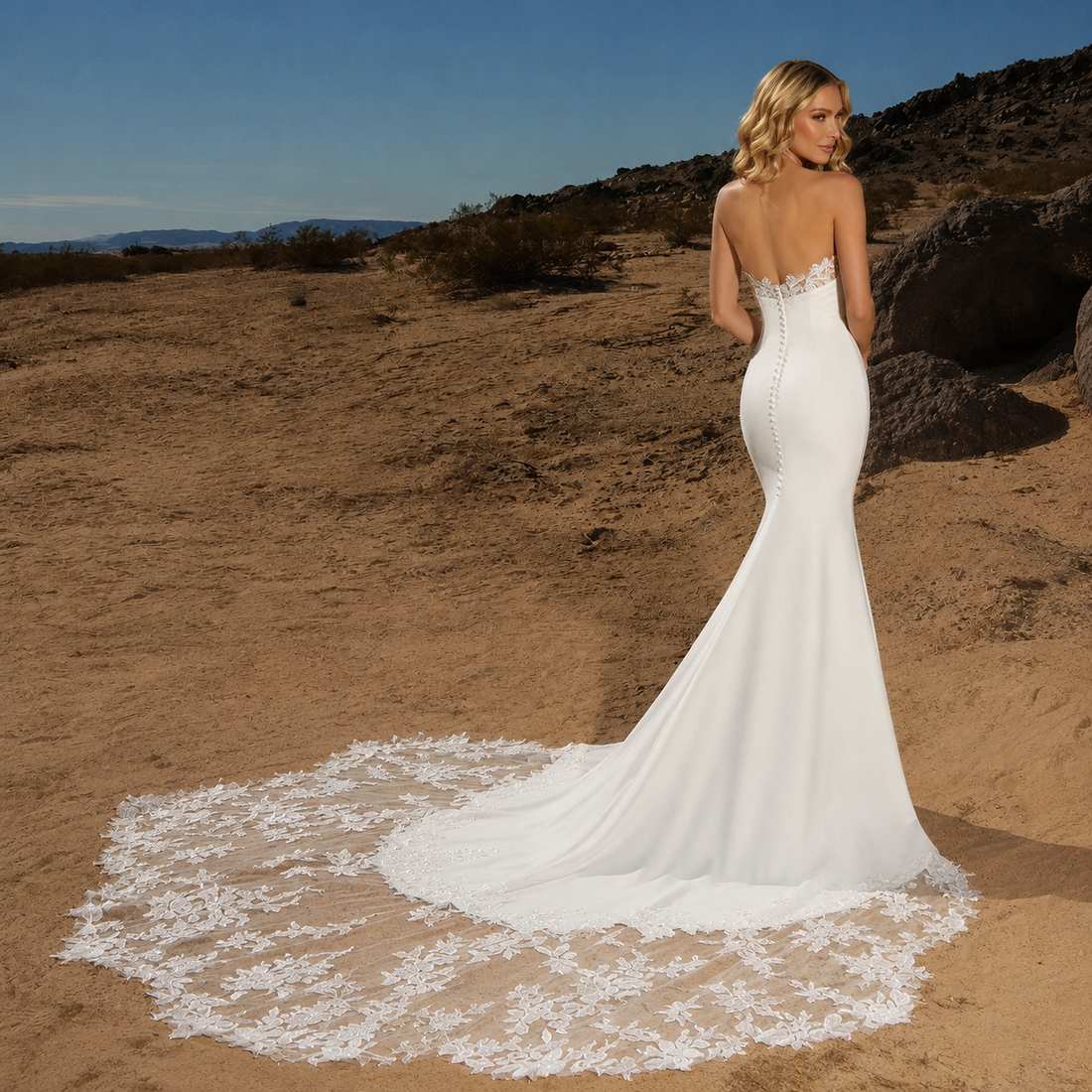 Fancy satin strapless lace appliques sleeveless mermaid sweep train beach boho bridal gown – Pollyanna Events