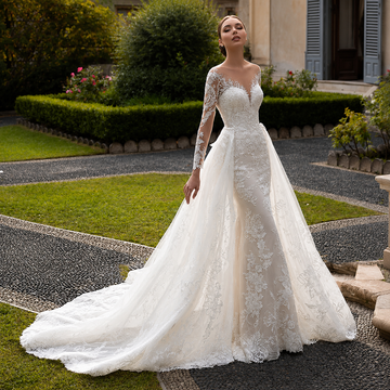 Romantic V-Neck Appliques Mermaid Wedding Dress Elegant Long Sleeve Tulle Bridal Gowns New Detachable Train Bride Party
