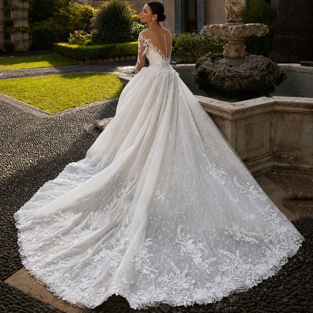 Romantic V-Neck Appliques Mermaid Wedding Dress Elegant Long Sleeve Tulle Bridal Gowns New Detachable Train Bride Party