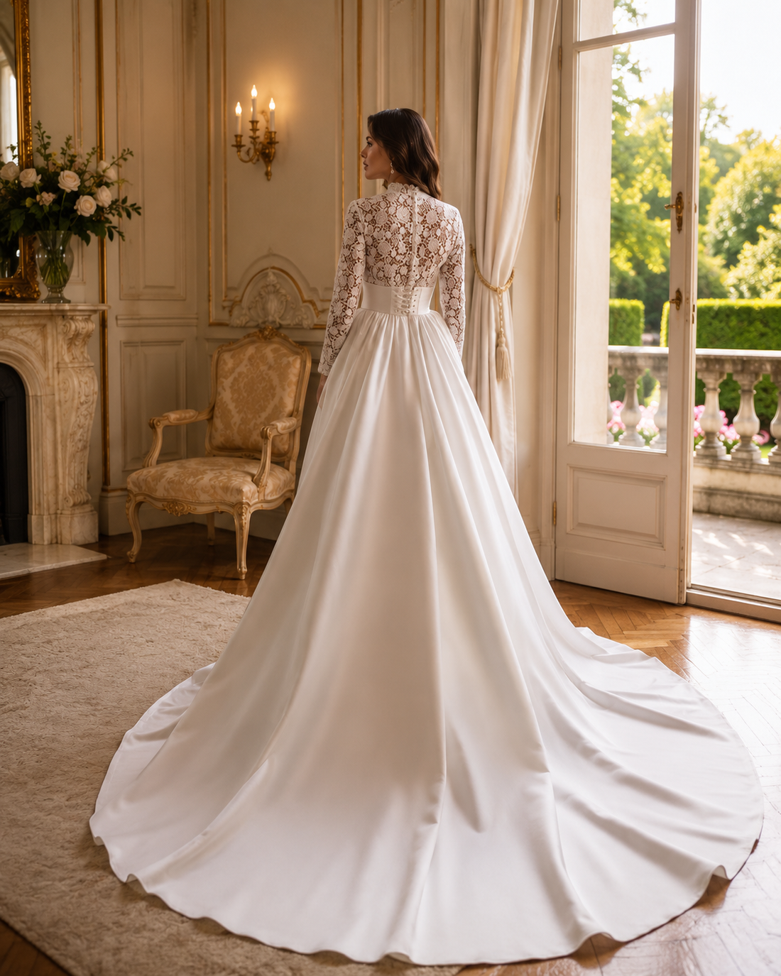 Elegant Wedding Dresses A Line Satin Bridal Gowns Lace Appliques Full Sleeves Robes Glamorous Customized Vestidos De Novia