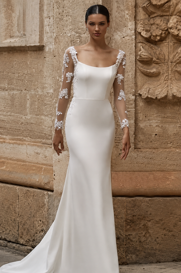 Elegant Mermaid Wedding Dress Square Collar Long Sleeve Lace Appliques Illuison Buttons Bride Bridal Gowns vestido de novia