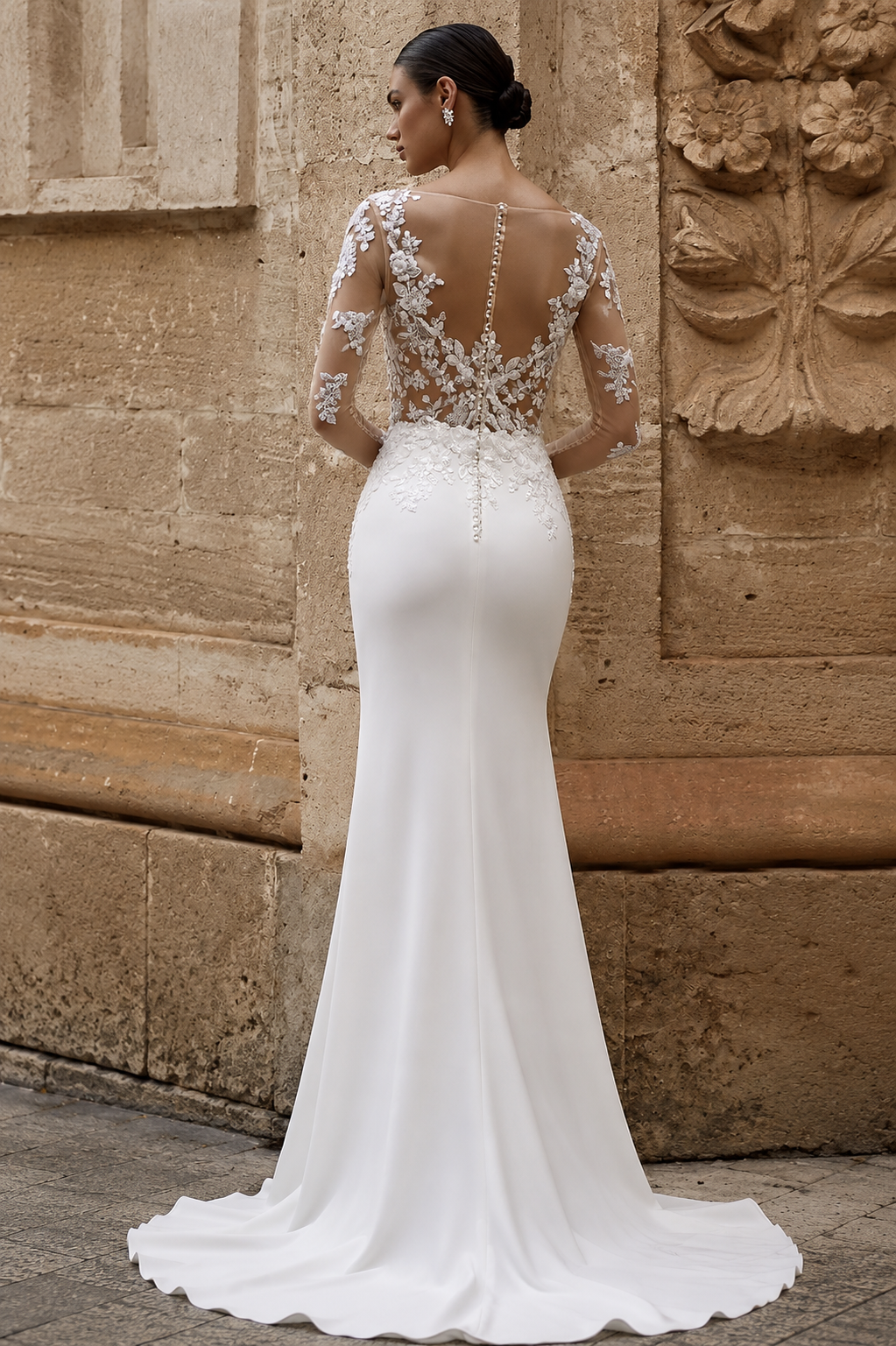 Elegant Mermaid Wedding Dress Square Collar Long Sleeve Lace Appliques Illuison Buttons Bride Bridal Gowns vestido de novia